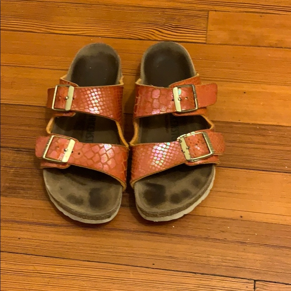 Birkenstock orange snakeskin papillio sandals